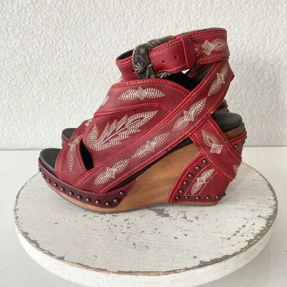Lane Boots LEXINGTON Womens Red Wedges 7.5 Western Sandals Cowgirl Wooden Heels - Picture 4 of 11